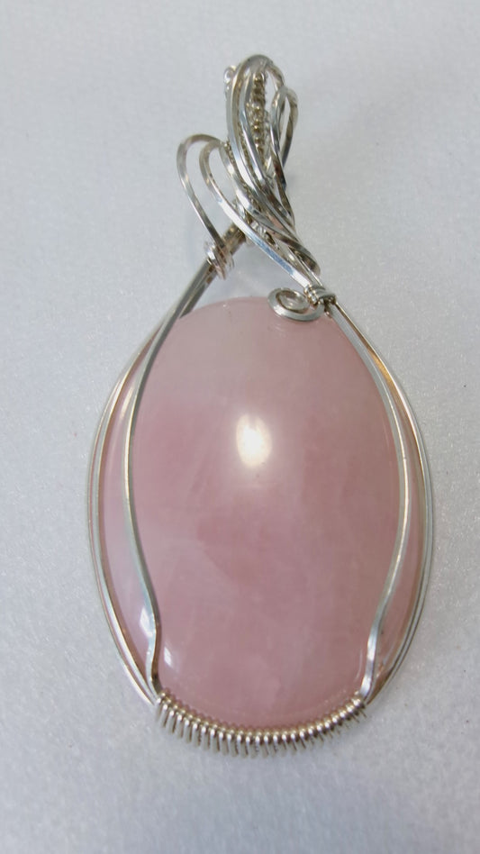 Rose Quartz gemstone sterling silver wire wrapped crystal pendant