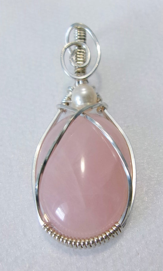 Rose Quartz gemstone sterling silver wire wrapped crystal pendant with freshwater pearl accent bead