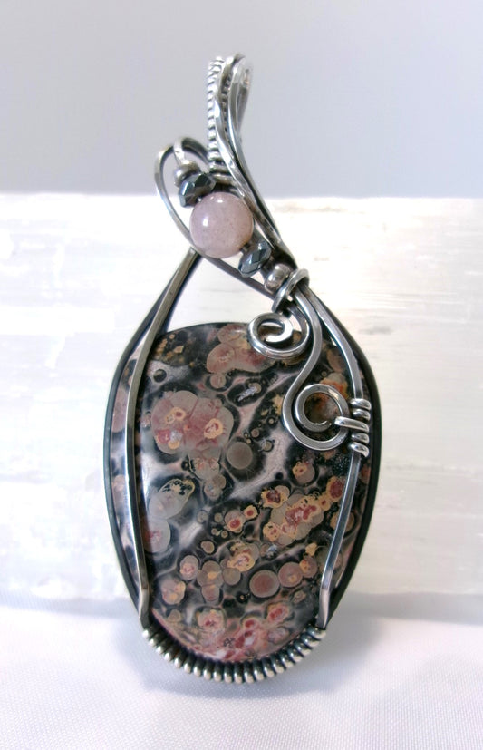 Leopard Skin Jasper gemstone sterling silver wire wrapped crystal pendant with pink agate, hematite, and silver accent beads