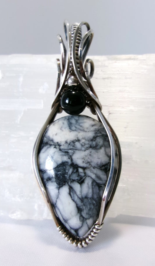 Pinolith gemstone sterling silver wire wrapped crystal pendant with black onyx and sterling silver accent beads