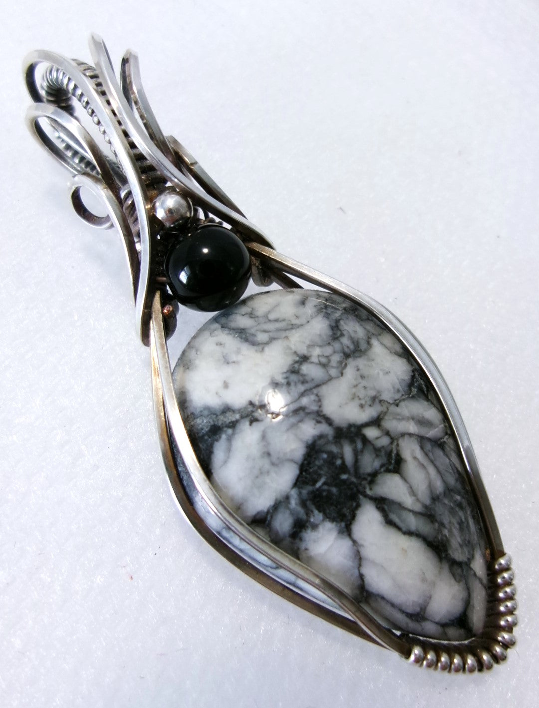 Pinolith gemstone sterling silver wire wrapped crystal pendant with black onyx and sterling silver accent beads