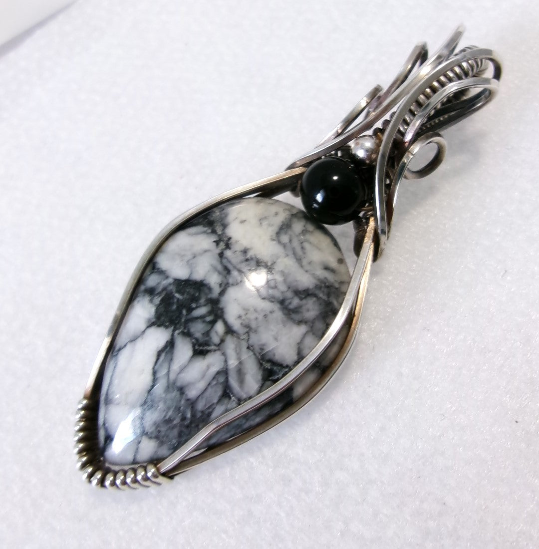 Pinolith gemstone sterling silver wire wrapped crystal pendant with black onyx and sterling silver accent beads