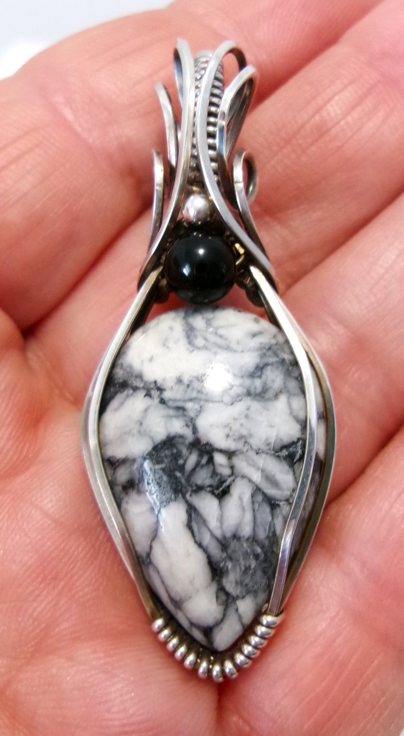 Pinolith gemstone sterling silver wire wrapped crystal pendant with black onyx and sterling silver accent beads