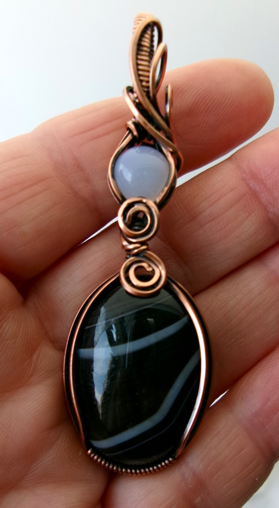 Black Agate and Blue Chalcedony gemstone copper wire wrapped double crystal pendant