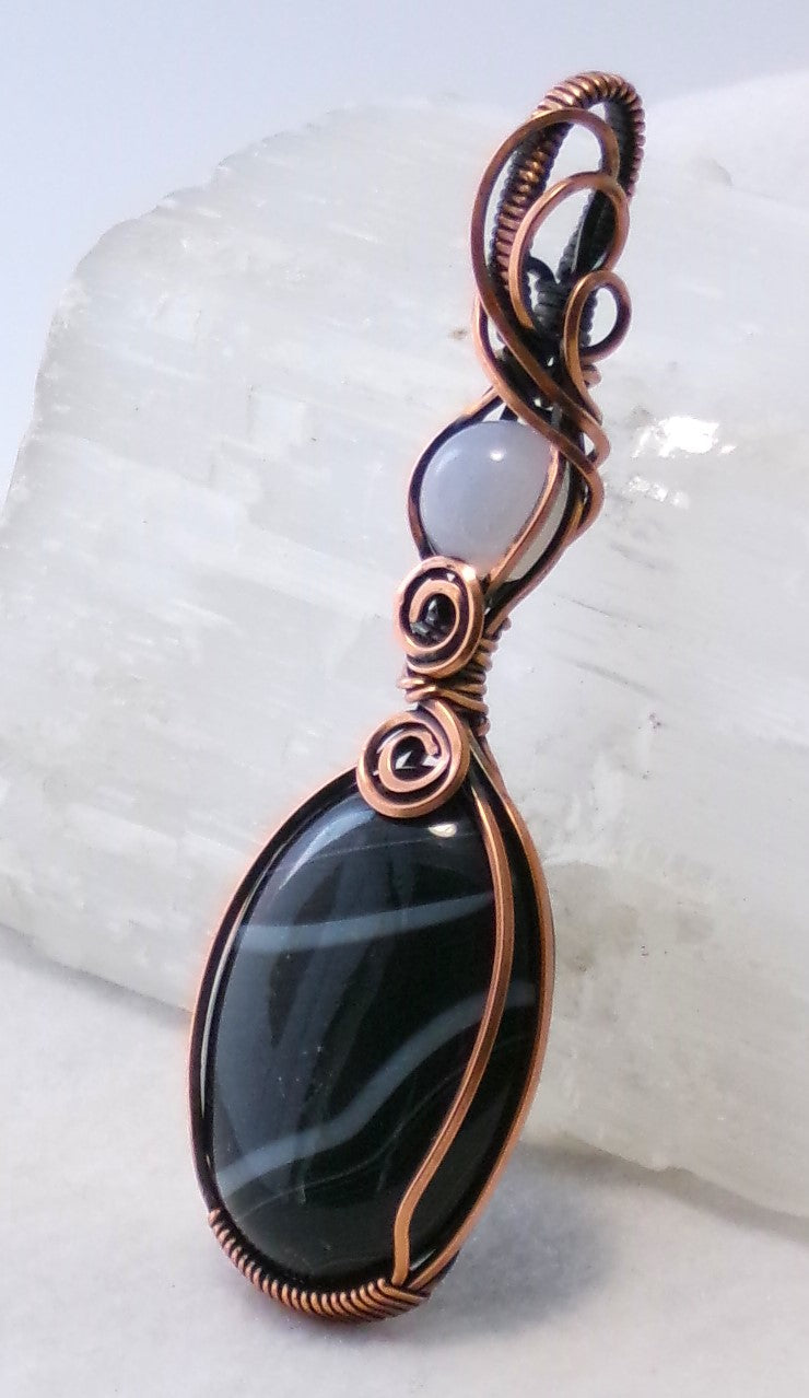 Black Agate and Blue Chalcedony gemstone copper wire wrapped double crystal pendant
