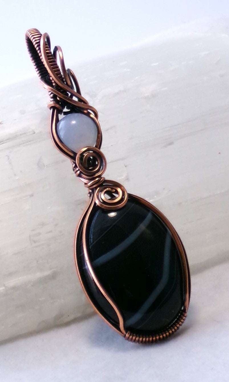 Black Agate and Blue Chalcedony gemstone copper wire wrapped double crystal pendant