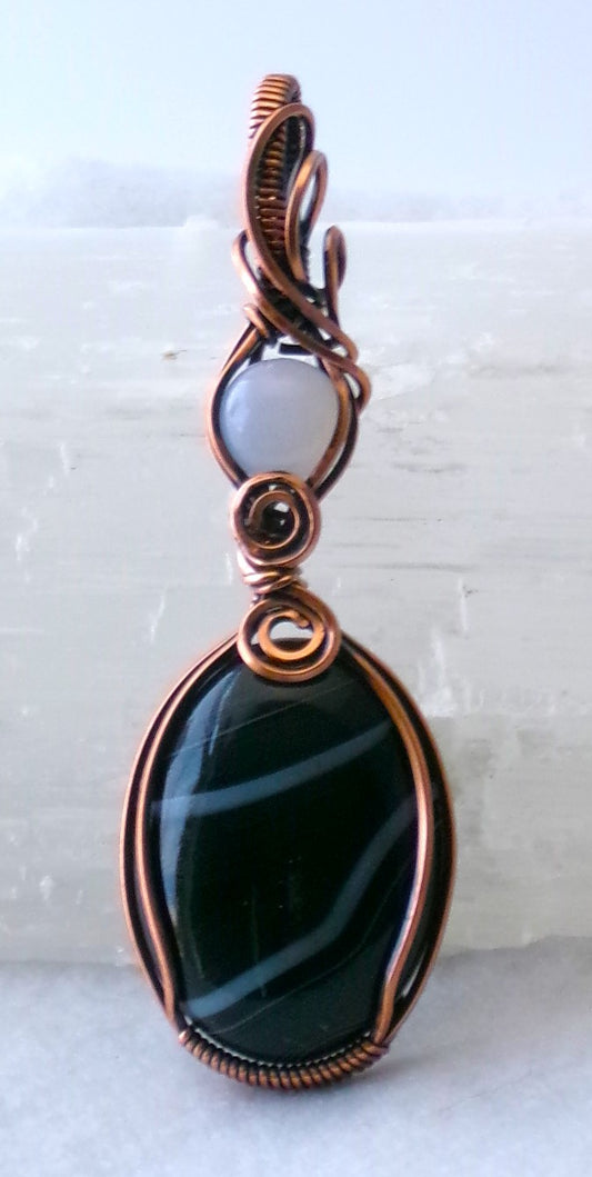 Black Agate and Blue Chalcedony gemstone copper wire wrapped double crystal pendant