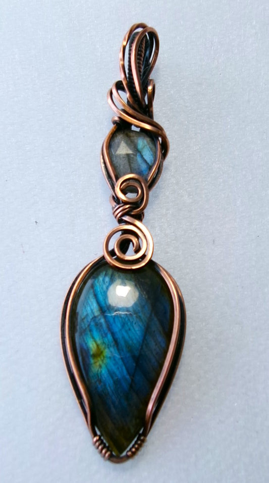 Labradorite gemstone copper wire wrapped double crystal pendant