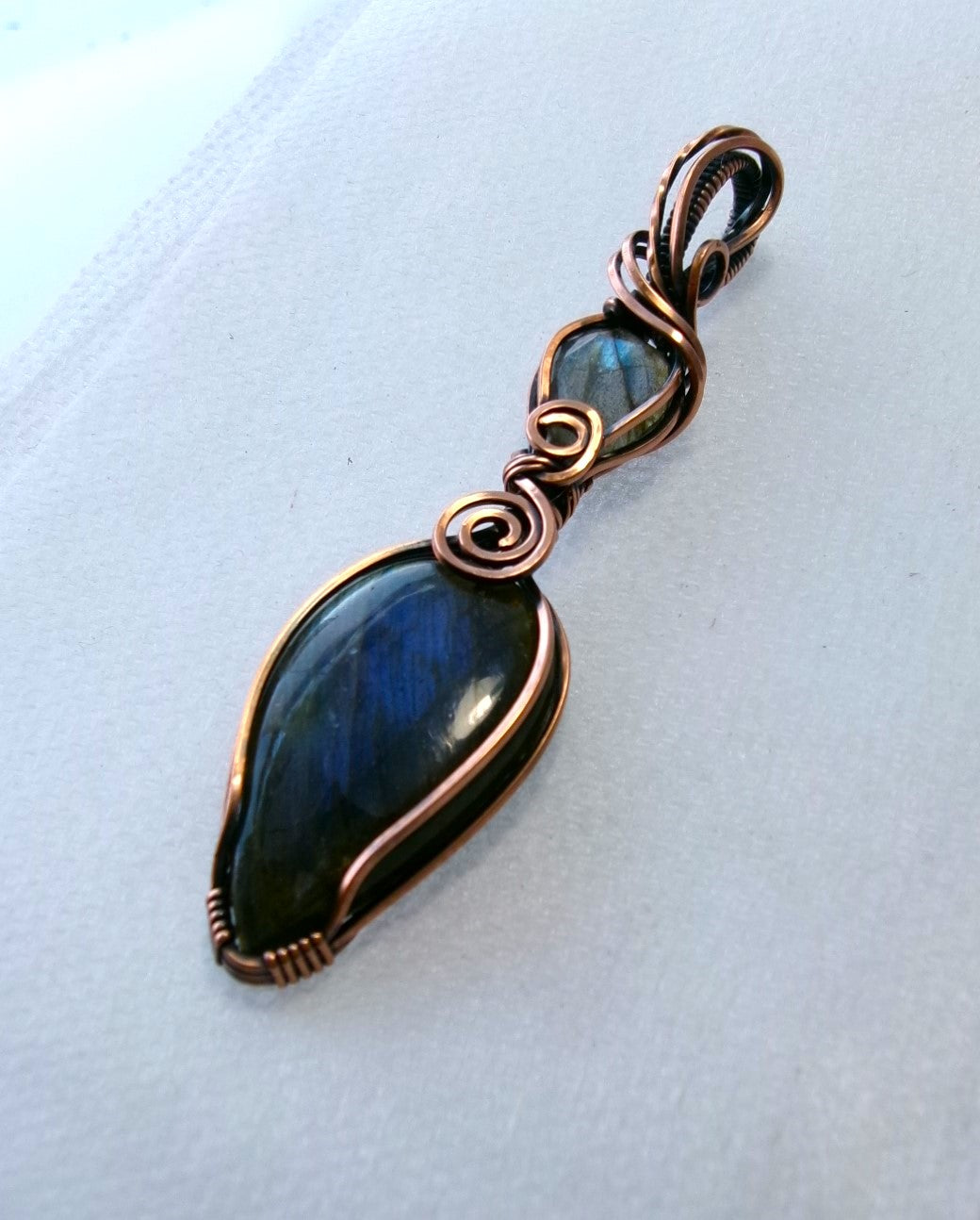 Labradorite gemstone copper wire wrapped double crystal pendant