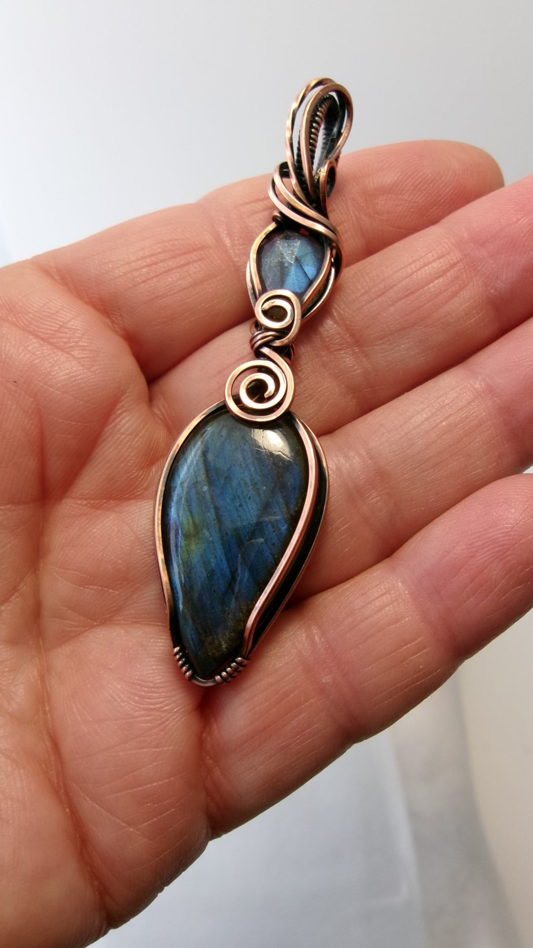 Labradorite gemstone copper wire wrapped double crystal pendant