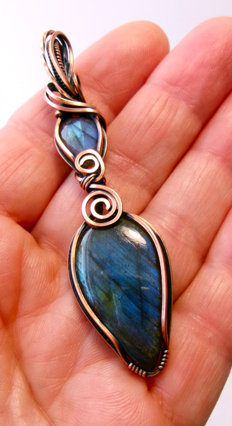 Labradorite gemstone copper wire wrapped double crystal pendant
