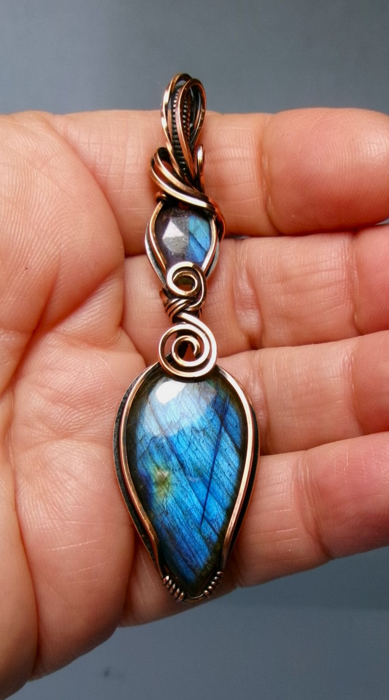 Labradorite gemstone copper wire wrapped double crystal pendant