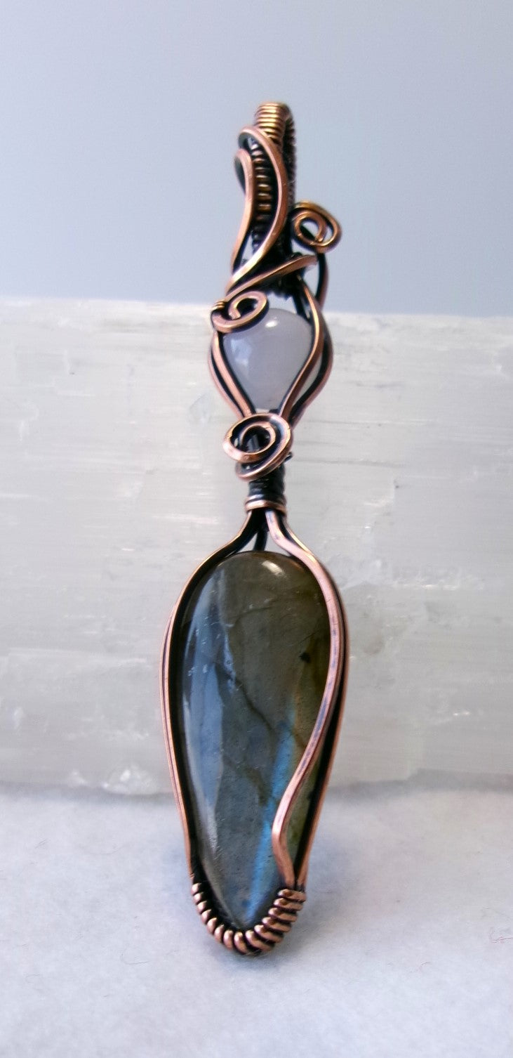 Labradorite and Blue Chalcedony gemstone copper wire wrapped double crystal pendant