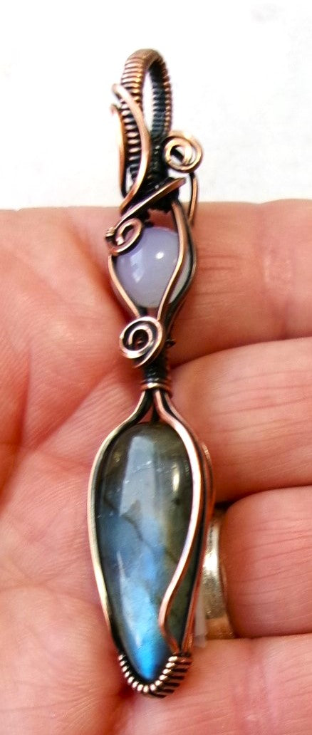 Labradorite and Blue Chalcedony gemstone copper wire wrapped double crystal pendant