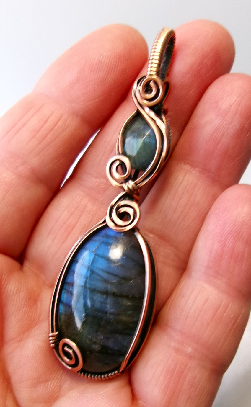 Labradorite gemstone copper wire wrapped double crystal pendant