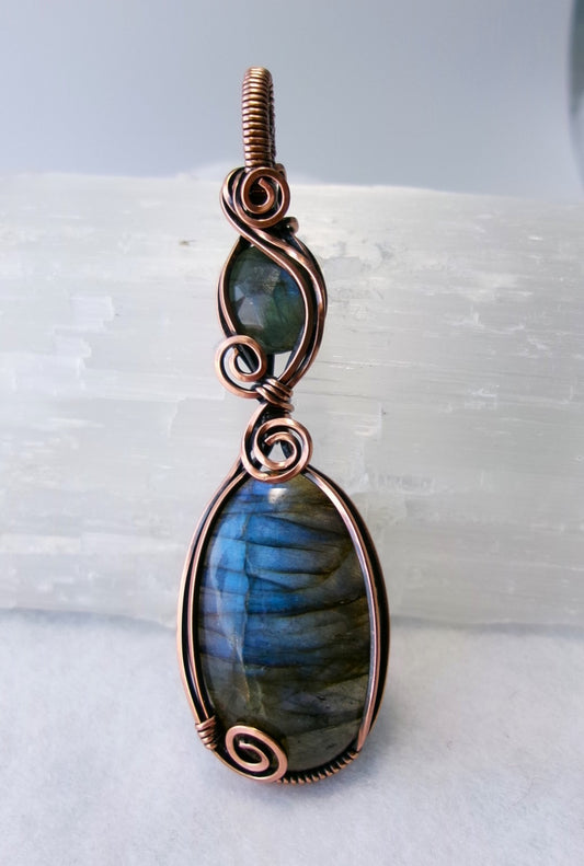 Labradorite gemstone copper wire wrapped double crystal pendant