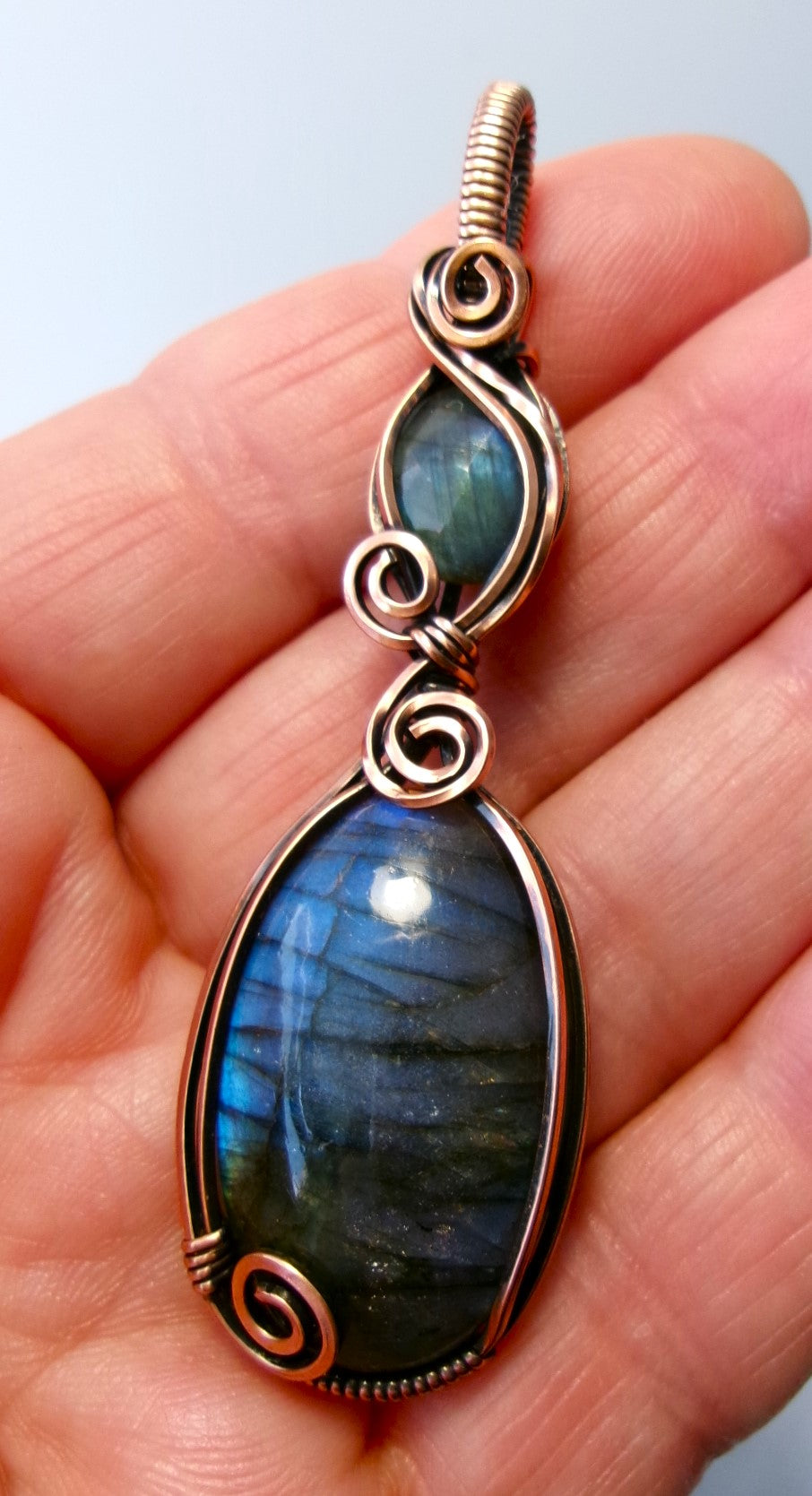 Labradorite gemstone copper wire wrapped double crystal pendant