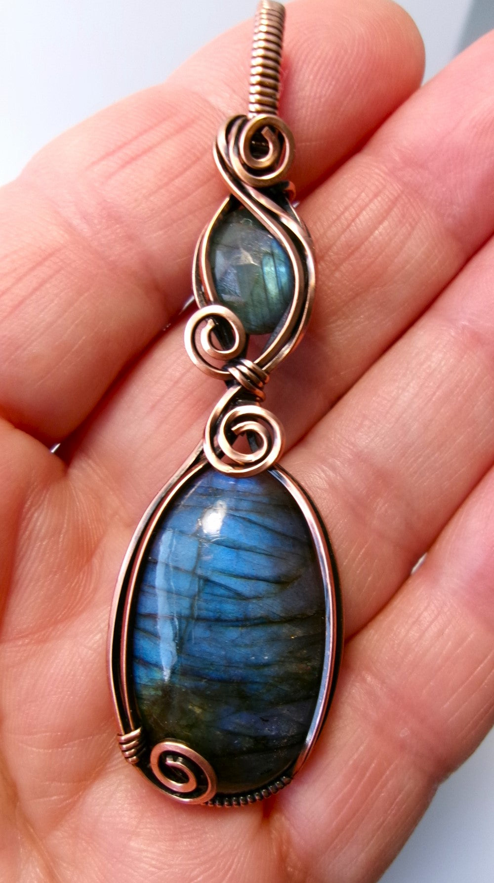 Labradorite gemstone copper wire wrapped double crystal pendant