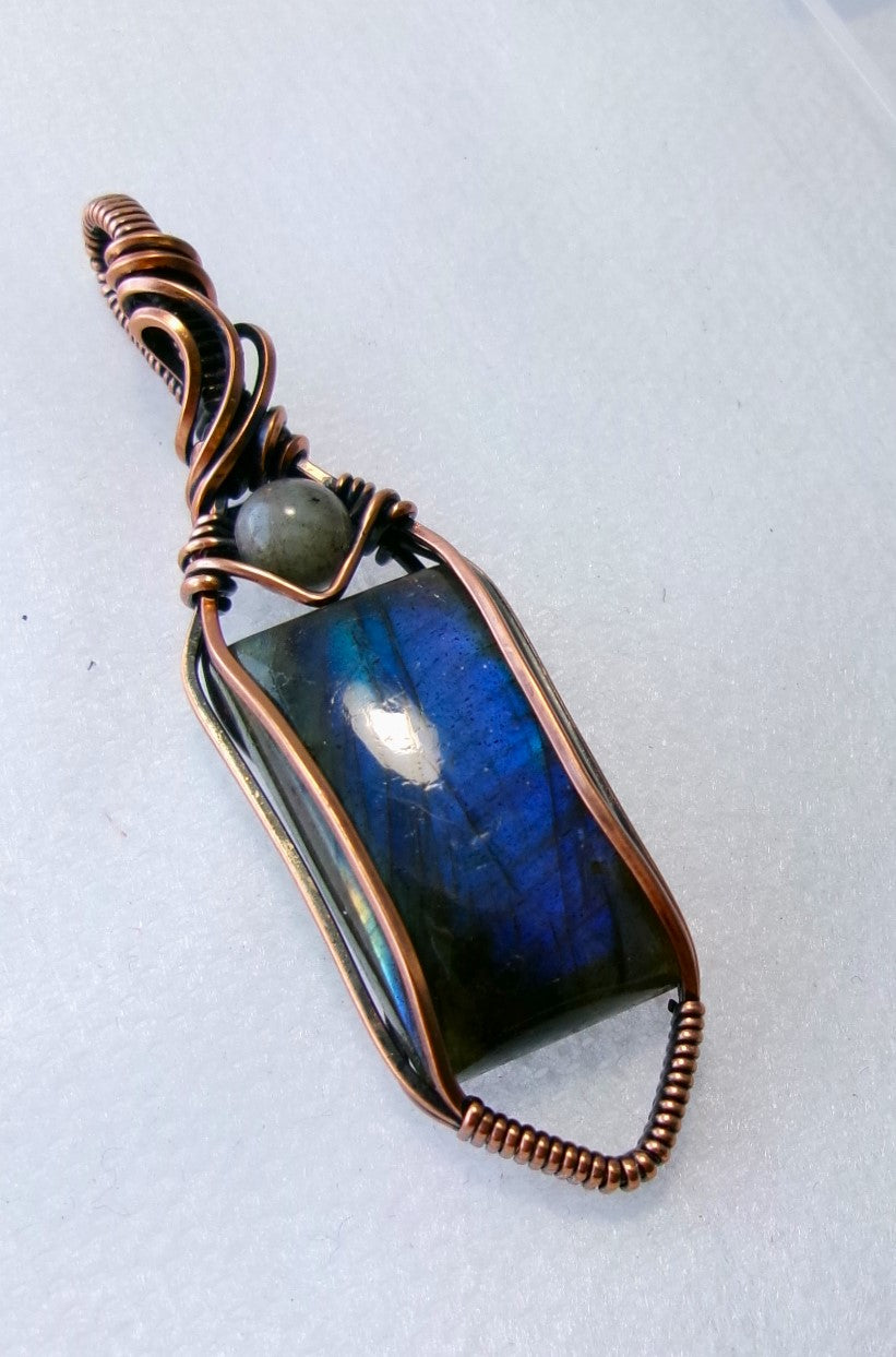 Labradorite gemstone copper wire wrapped crystal pendant with gray labradorite accent bead