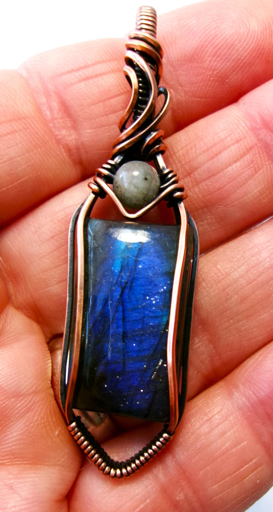 Labradorite gemstone copper wire wrapped crystal pendant with gray labradorite accent bead