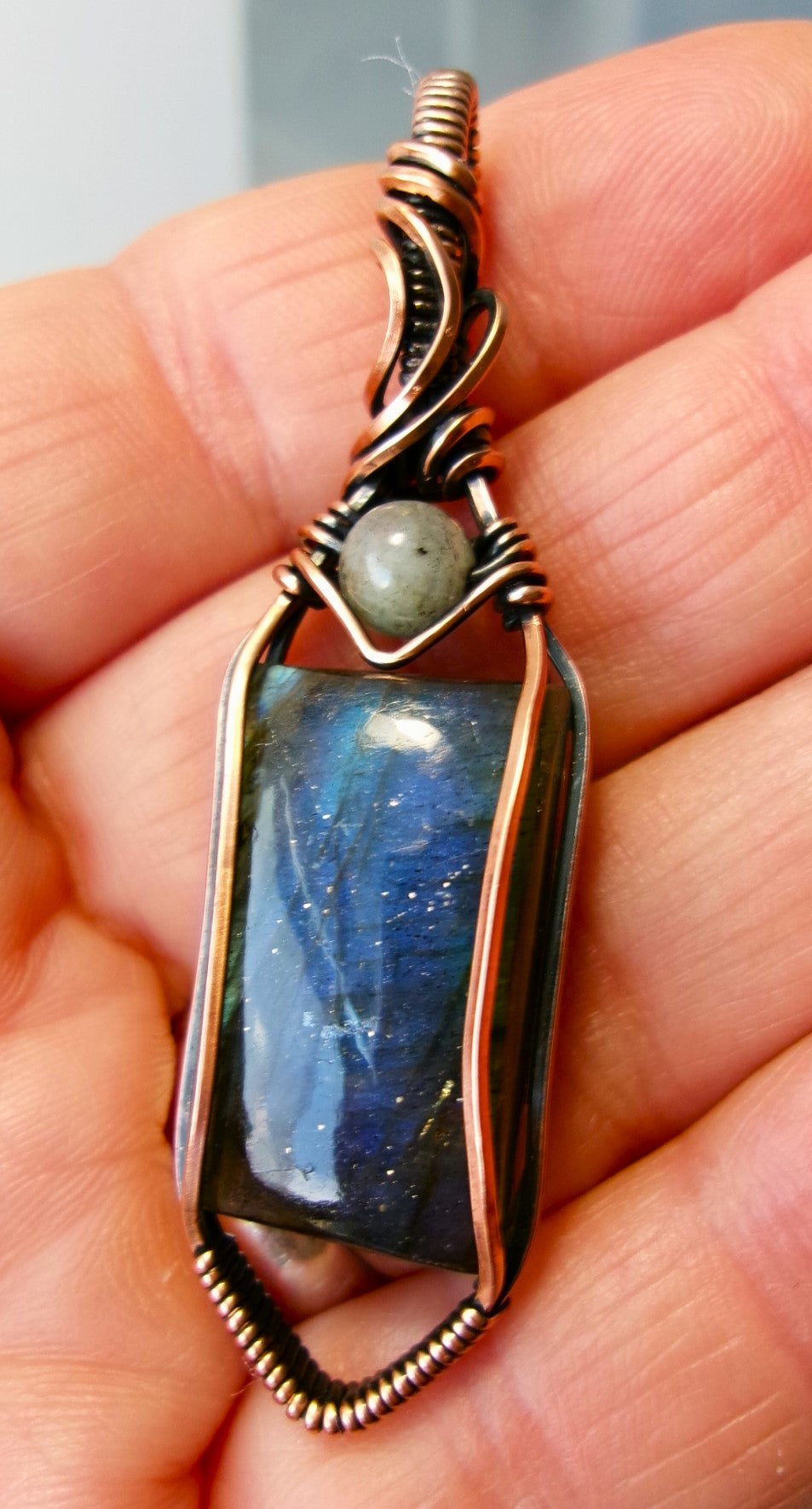 Labradorite gemstone copper wire wrapped crystal pendant with gray labradorite accent bead
