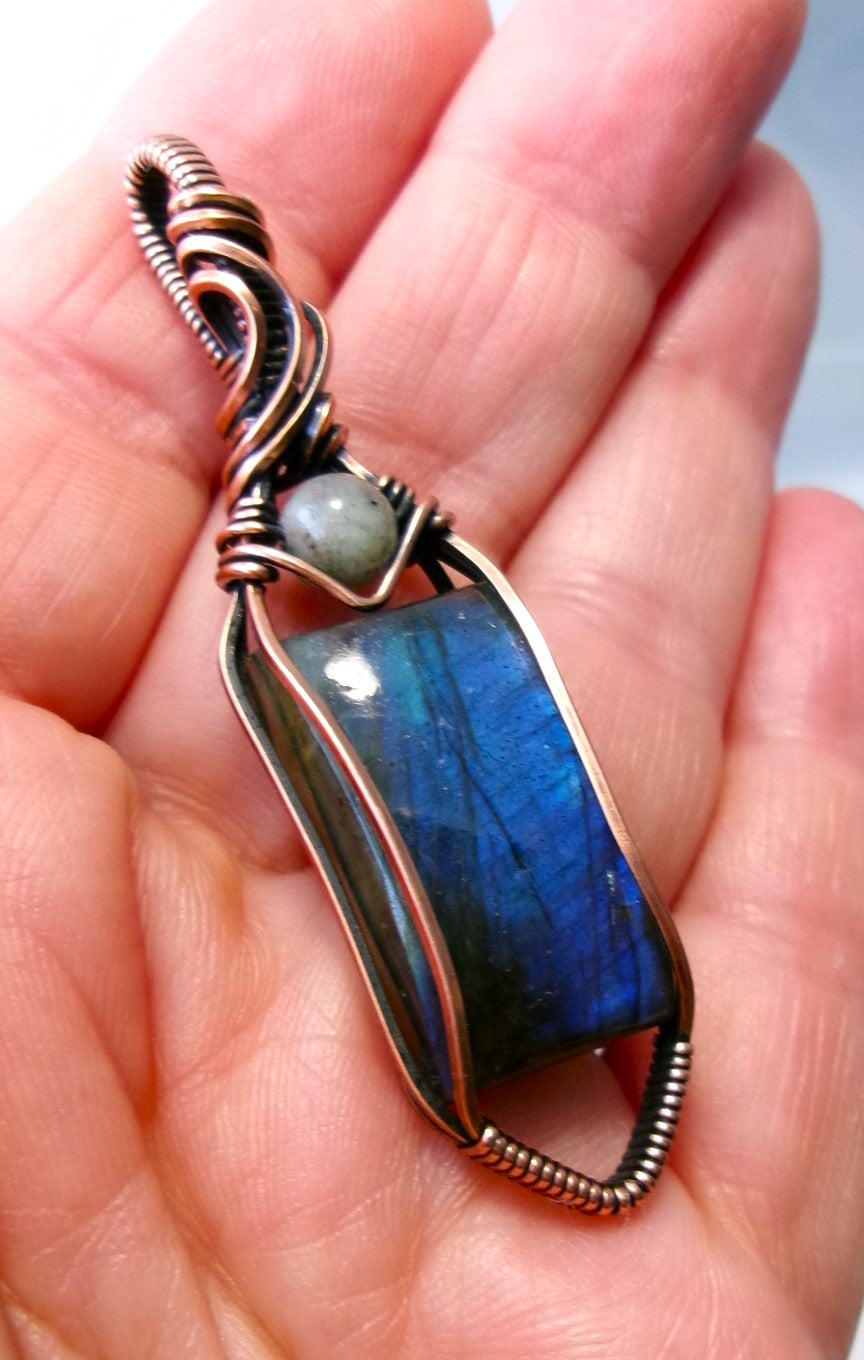 Labradorite gemstone copper wire wrapped crystal pendant with gray labradorite accent bead