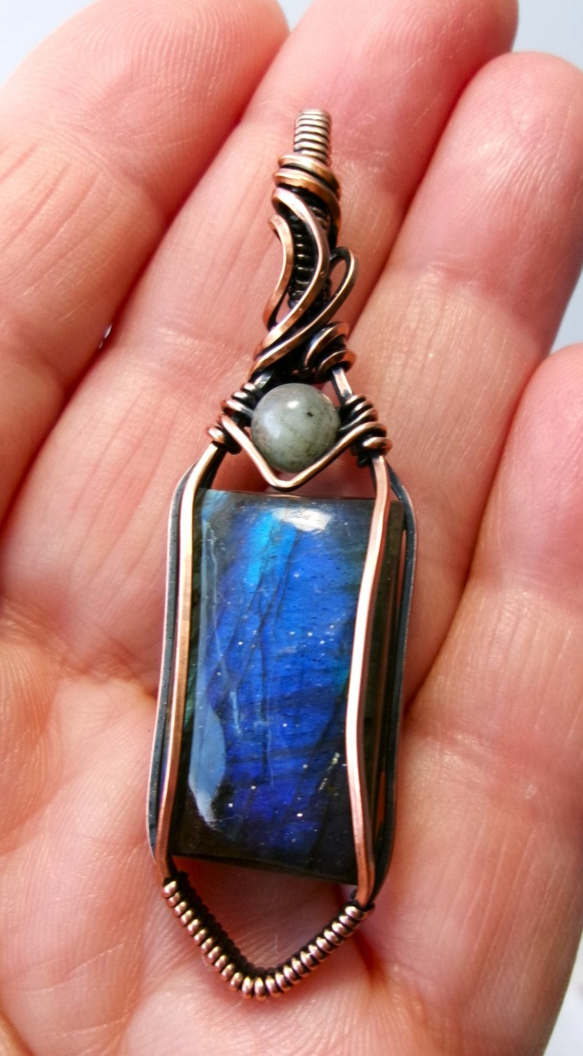 Labradorite gemstone copper wire wrapped crystal pendant with gray labradorite accent bead