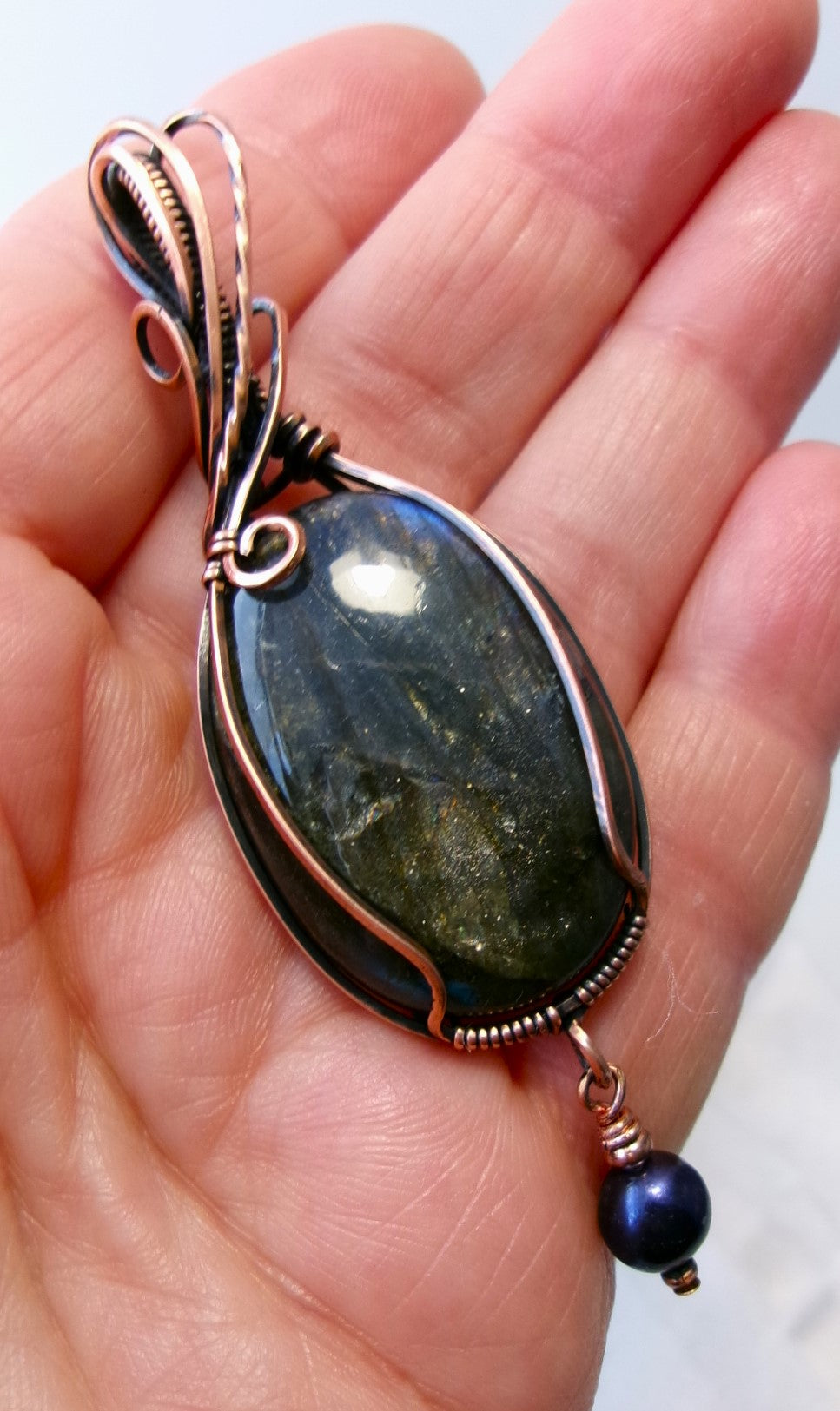 Labradorite gemstone copper wire wrapped crystal pendant with black freshwater pearl dangle