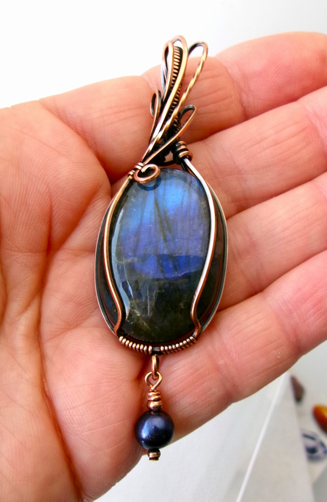 Labradorite gemstone copper wire wrapped crystal pendant with black freshwater pearl dangle