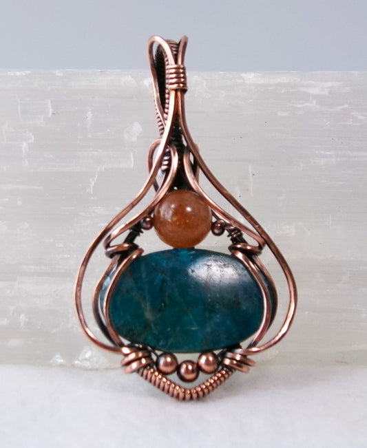 Blue Apatite gemstone copper wire wrapped crystal pendant with sunstone and copper accent beads