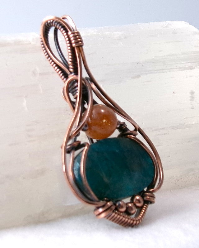 Blue Apatite gemstone copper wire wrapped crystal pendant with sunstone and copper accent beads