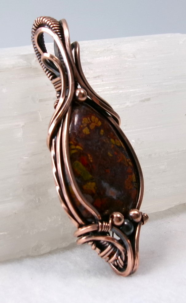 Agate gemstone copper wire wrapped crystal pendant with hematite and copper accent beads