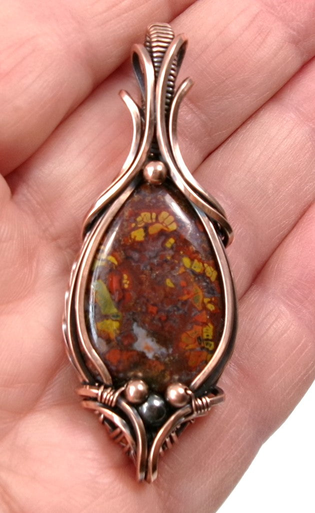 Agate gemstone copper wire wrapped crystal pendant with hematite and copper accent beads