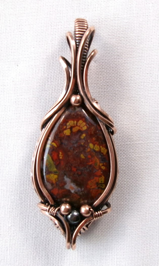 Agate gemstone copper wire wrapped crystal pendant with hematite and copper accent beads