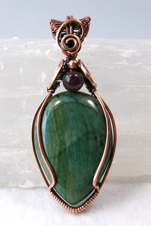 Gary Green Jasper gemstone copper wire wrapped crystal pendant with amethyst and copper accent beads