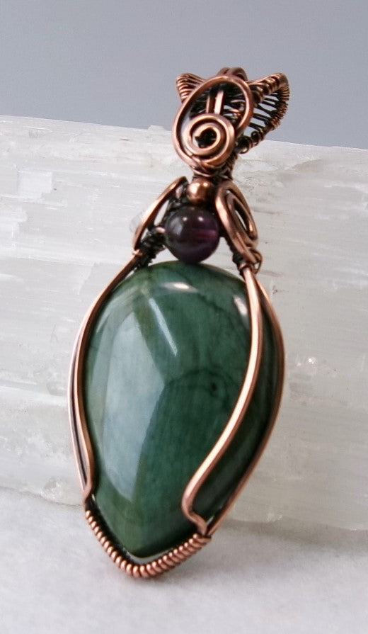 Gary Green Jasper gemstone copper wire wrapped crystal pendant with amethyst and copper accent beads