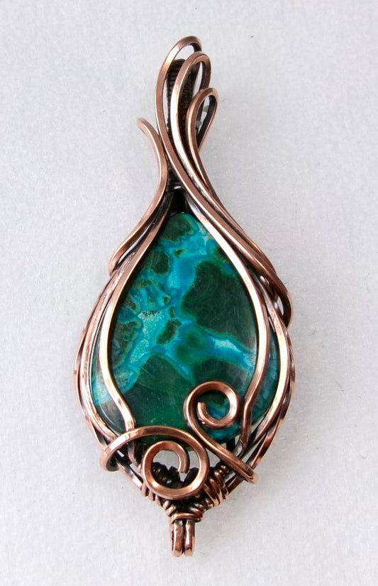 Chrysocolla-Malachite gemstone copper wire wrapped crystal pendant