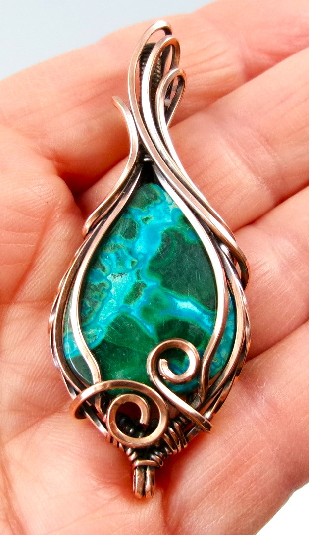 Chrysocolla-Malachite gemstone copper wire wrapped crystal pendant