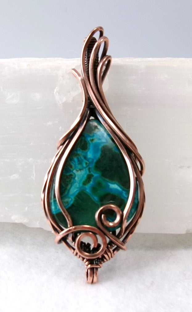Chrysocolla-Malachite gemstone copper wire wrapped crystal pendant