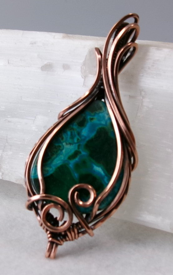 Chrysocolla-Malachite gemstone copper wire wrapped crystal pendant