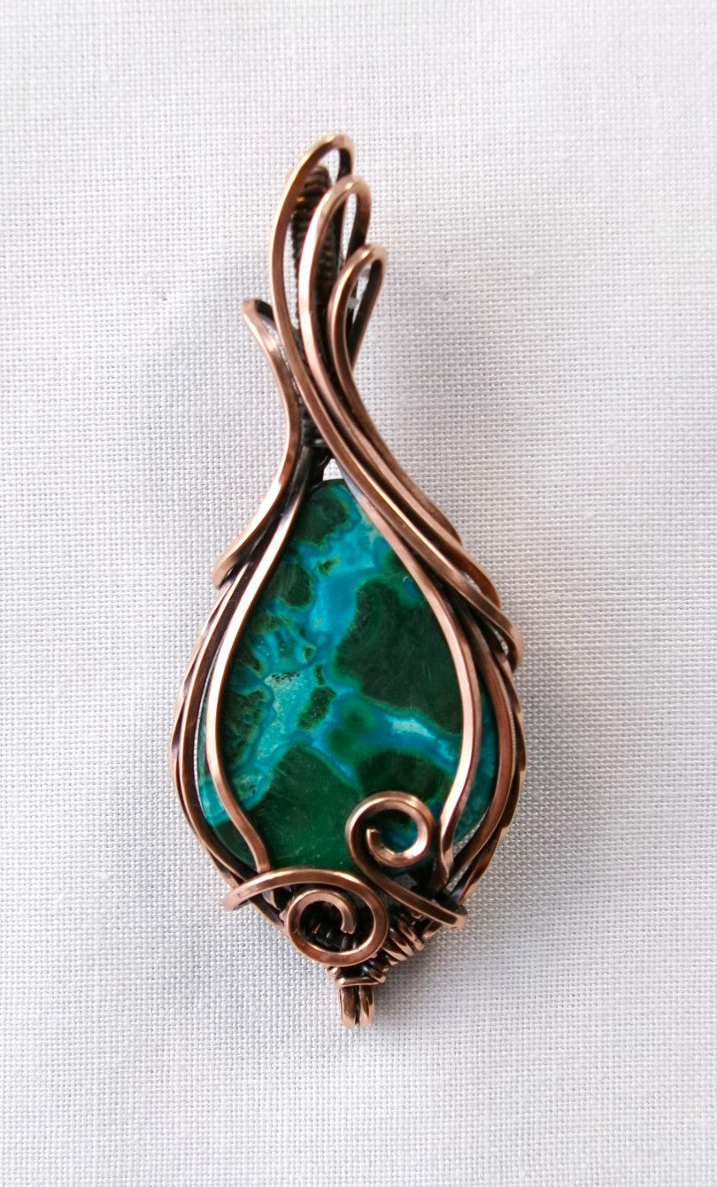 Chrysocolla-Malachite gemstone copper wire wrapped crystal pendant