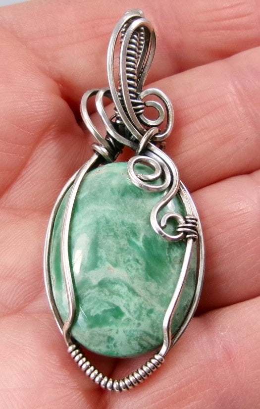Variscite gemstone sterling silver wire wrapped crystal pendant