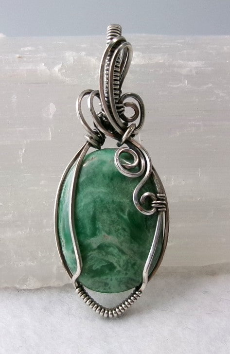 Variscite gemstone sterling silver wire wrapped crystal pendant