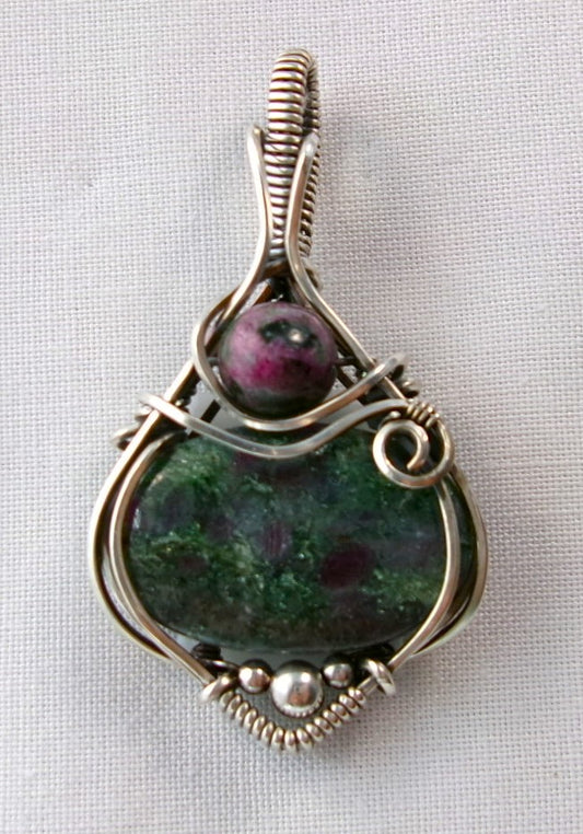 Ruby in Fuchsite gemstone sterling silver wire wrapped crystal pendant with ruby in zoisite and sterling silver accent beads