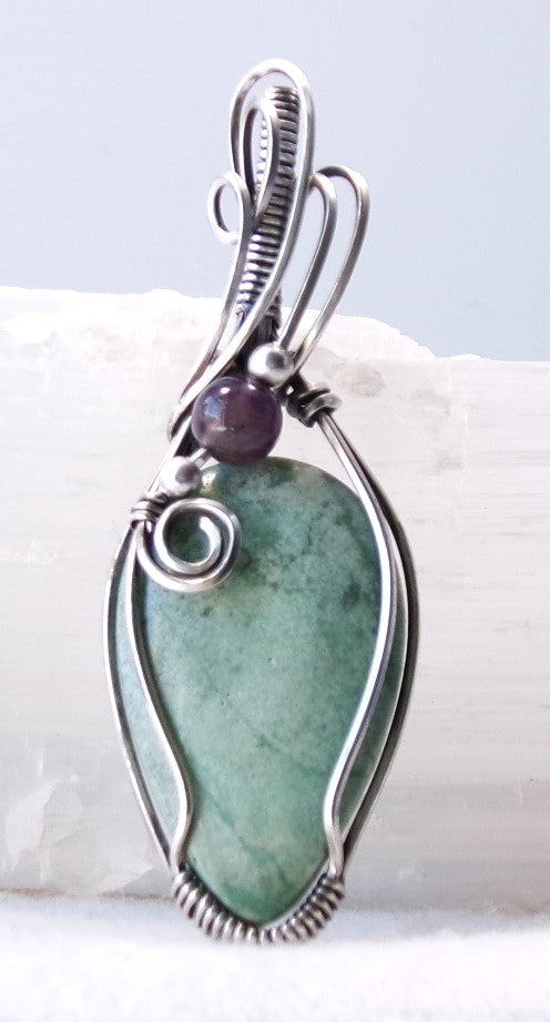 Variscite gemstone sterling silver wire wrapped crystal pendant with amethyst and sterling silver accent beads