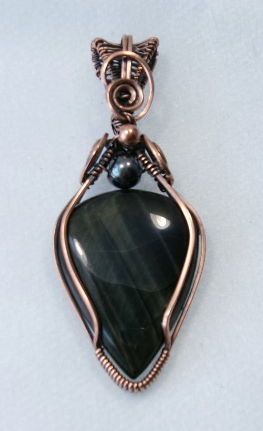 Black Tiger Eye gemstone copper wire wrapped crystal pendant with hematite and copper accent beads