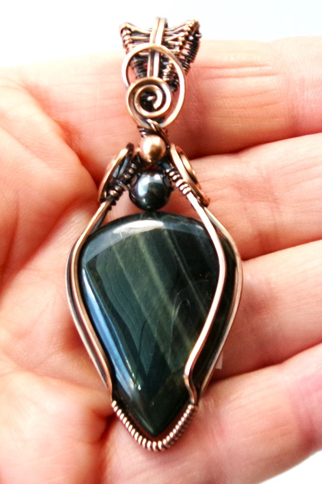 Black Tiger Eye gemstone copper wire wrapped crystal pendant with hematite and copper accent beads