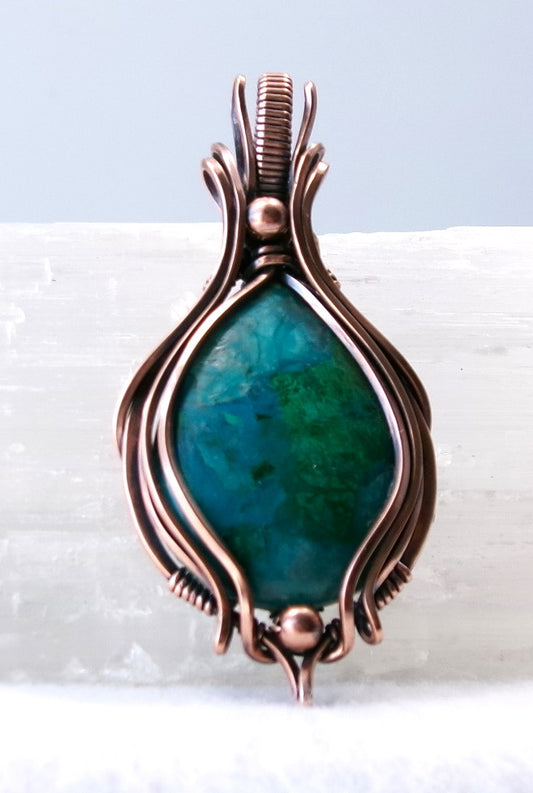 Chrysocolla gemstone copper wire wrapped crystal pendant with copper accent beads