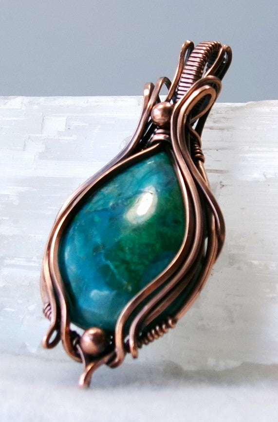Chrysocolla gemstone copper wire wrapped crystal pendant with copper accent beads