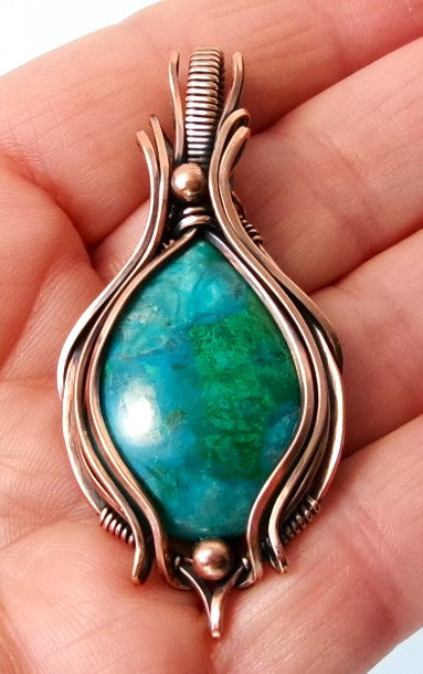 Chrysocolla gemstone copper wire wrapped crystal pendant with copper accent beads